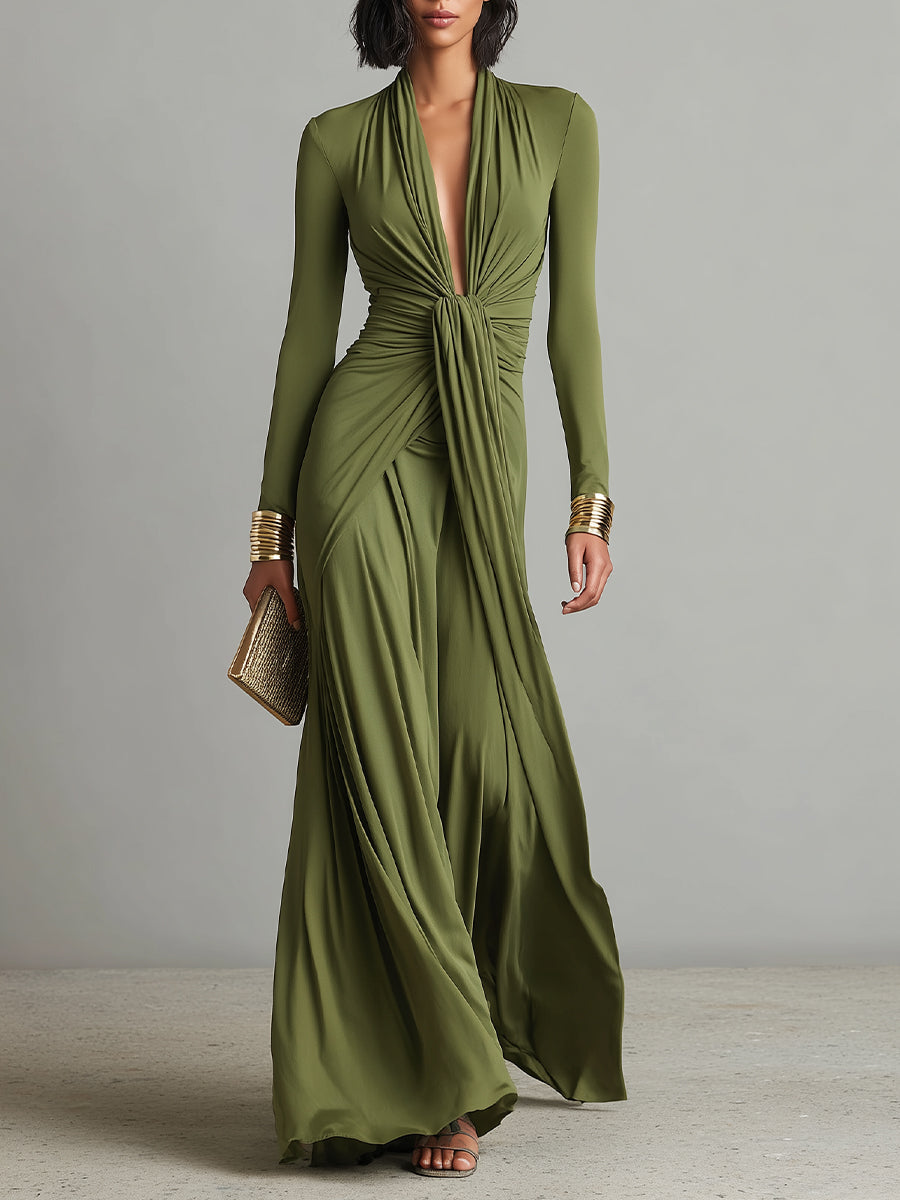 Michela | Abito Maxi Glamour con Scollo Profondo e Dettagli con Volant