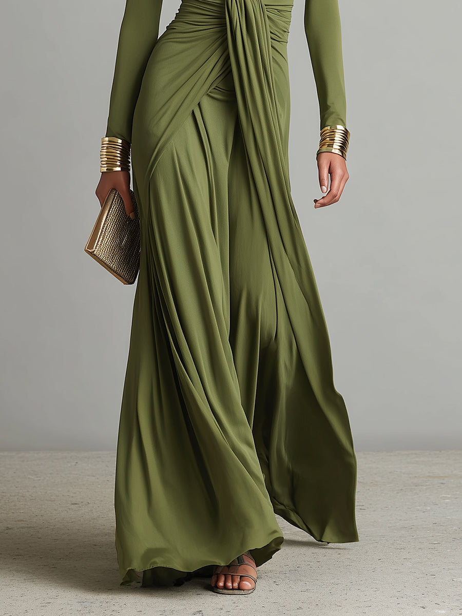 Michela | Abito Maxi Glamour con Scollo Profondo e Dettagli con Volant