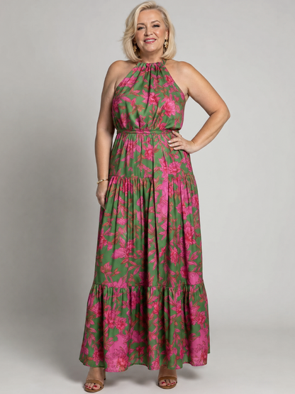 Caterina | Abito Midi Drappeggiato Rosa con Collo Halter