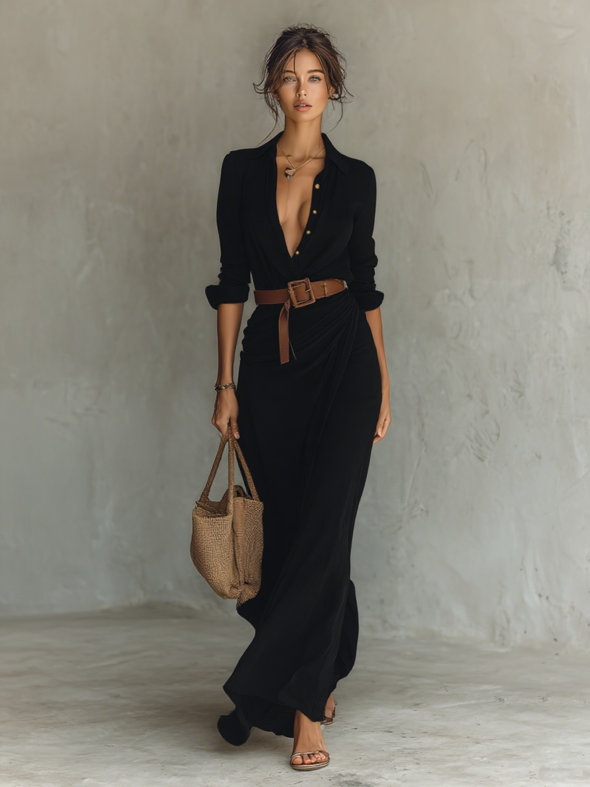 Federica | Abito Maxi con Colletto Revers e Maniche Lunghe