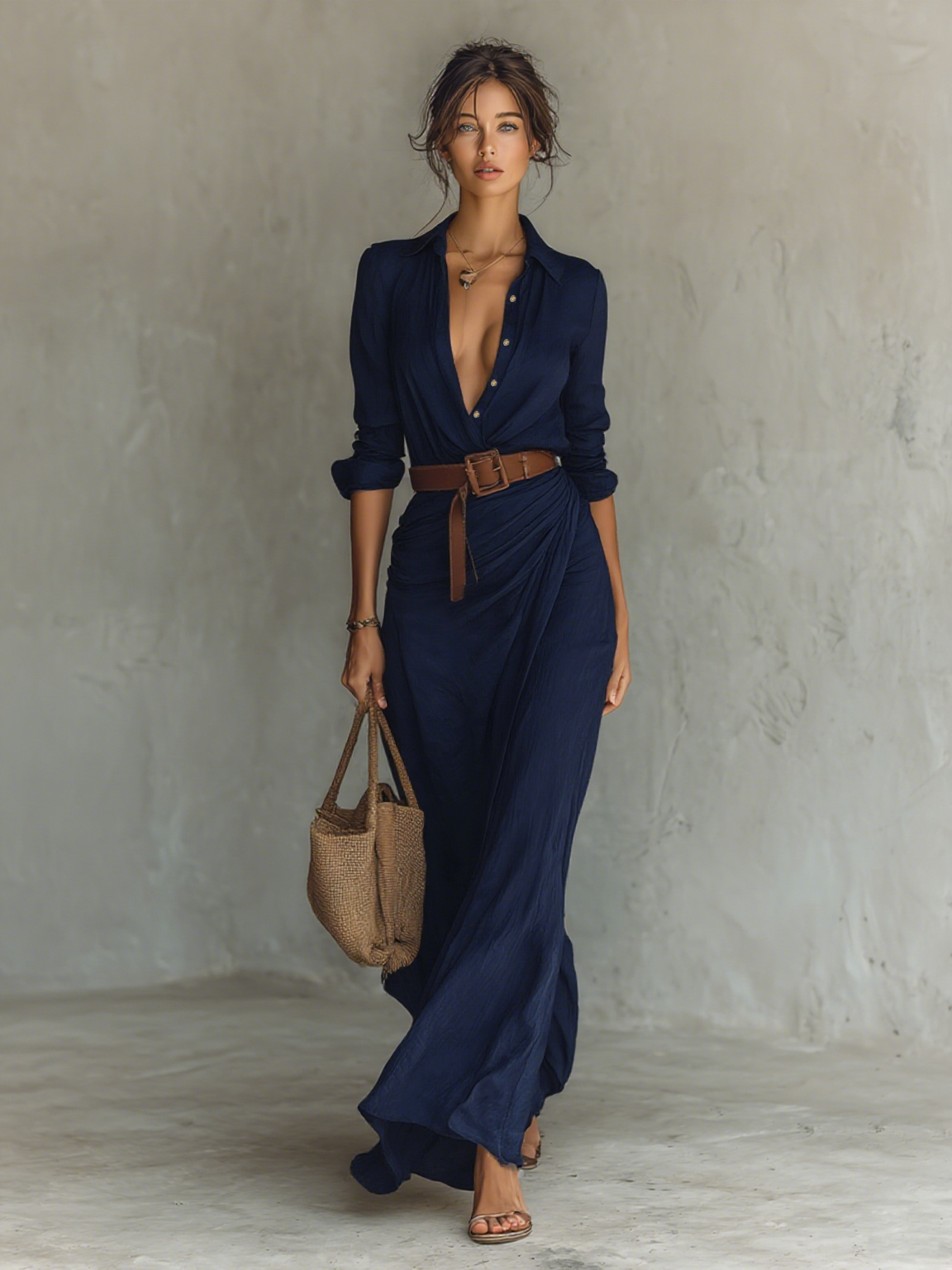 Federica | Abito Maxi con Colletto Revers e Maniche Lunghe