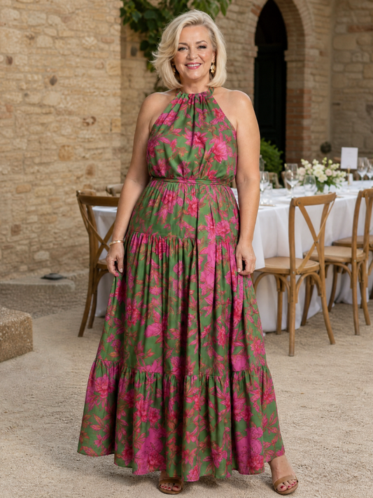 Caterina | Abito Midi Drappeggiato Rosa con Collo Halter