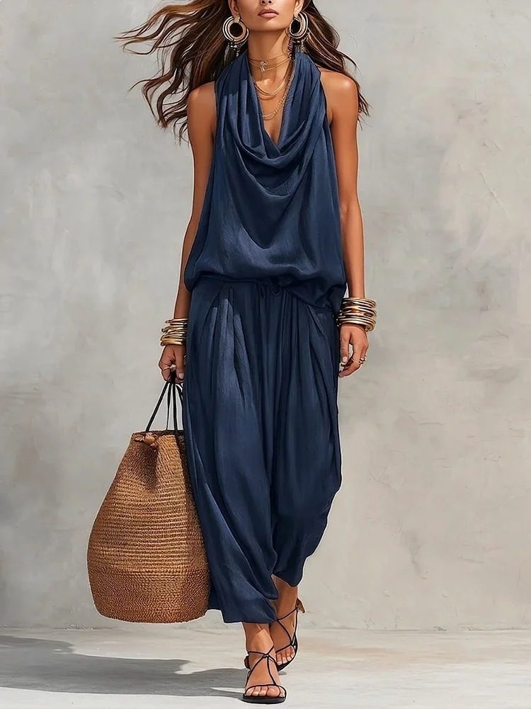 Angela | Completo con Top Halter e Pantaloni Larghi Plissettati