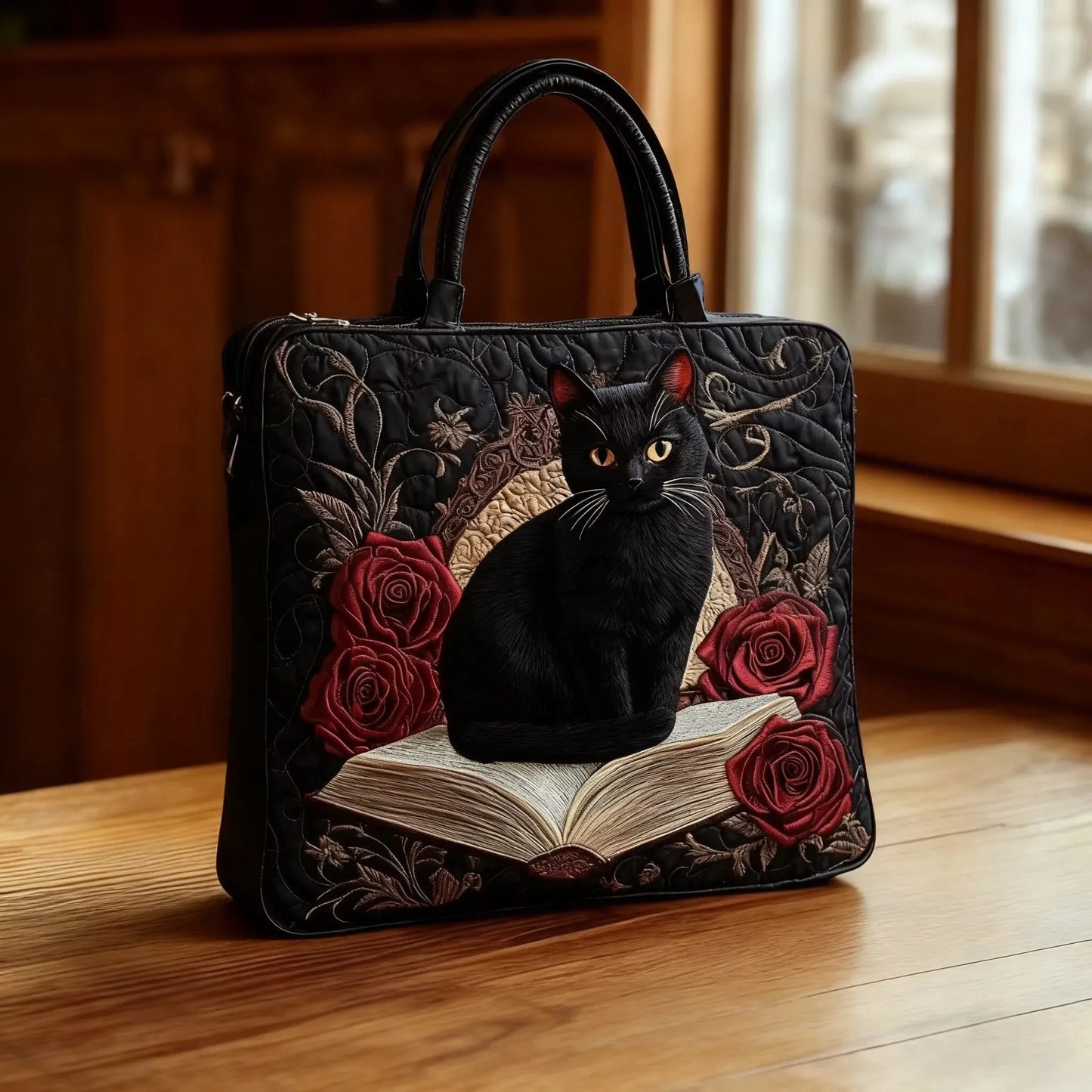 Giuseppina | Borsa Artigianale Trapuntata Gatto Nero sui Libri