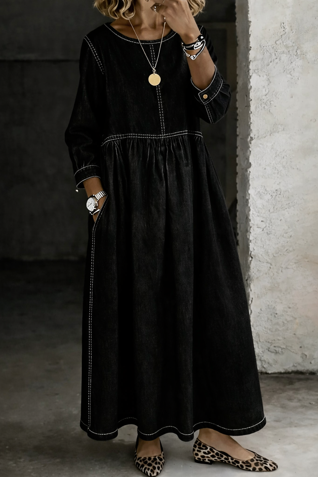 Beatrice | Abito in Denim con Collo Tondo e Maniche Lunghe