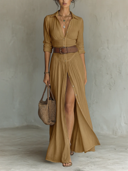 Rebecca | Abito Maxi con Colletto Revers e Maniche Lunghe