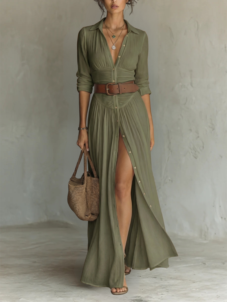 Rebecca | Abito Maxi con Colletto Revers e Maniche Lunghe