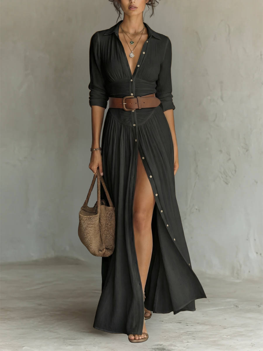 Rebecca | Abito Maxi con Colletto Revers e Maniche Lunghe