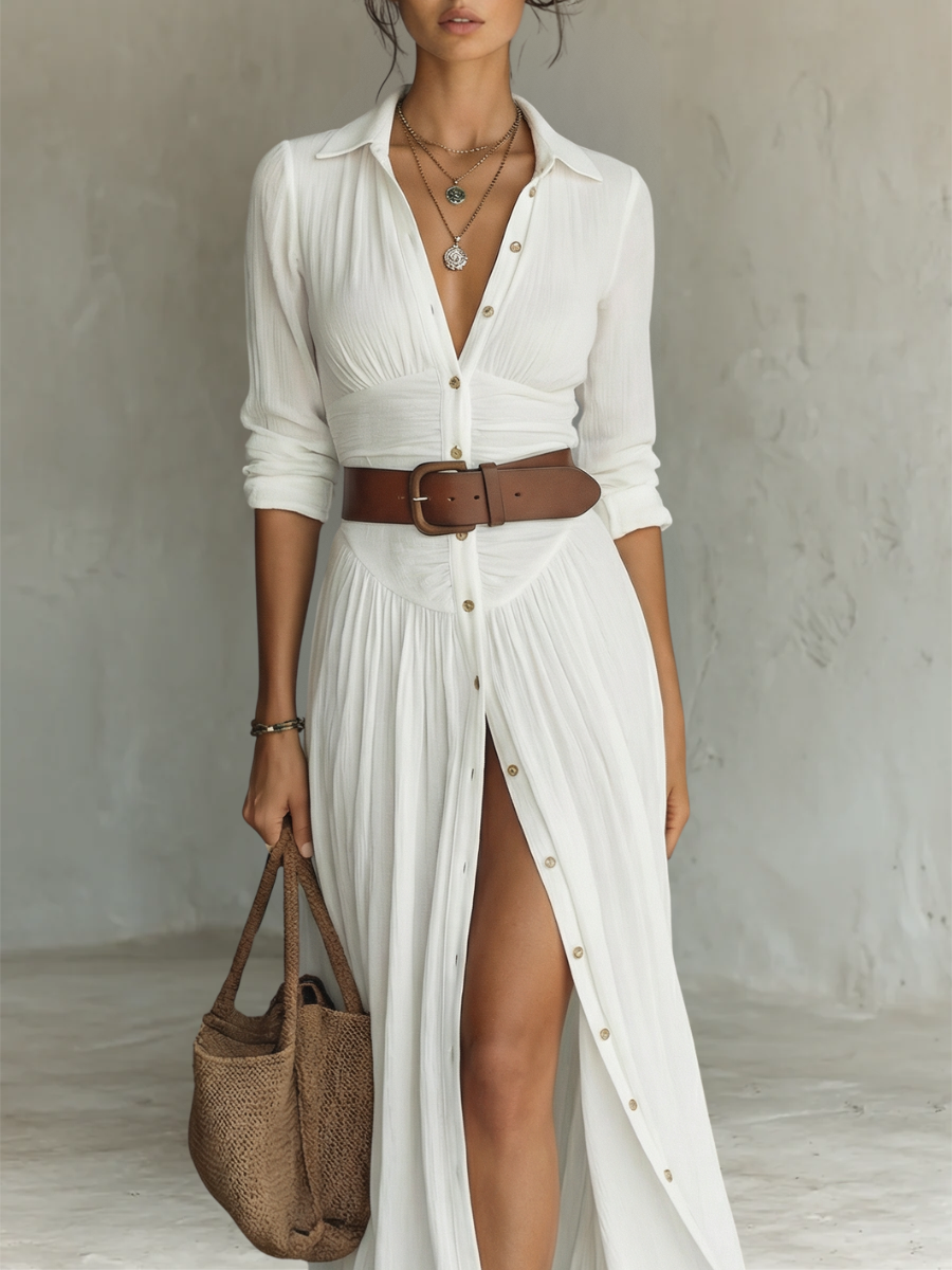 Rebecca | Abito Maxi con Colletto Revers e Maniche Lunghe