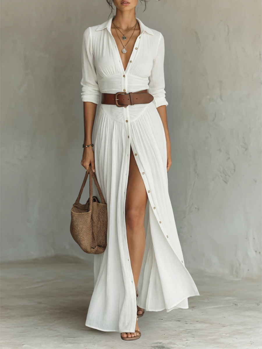 Rebecca | Abito Maxi con Colletto Revers e Maniche Lunghe