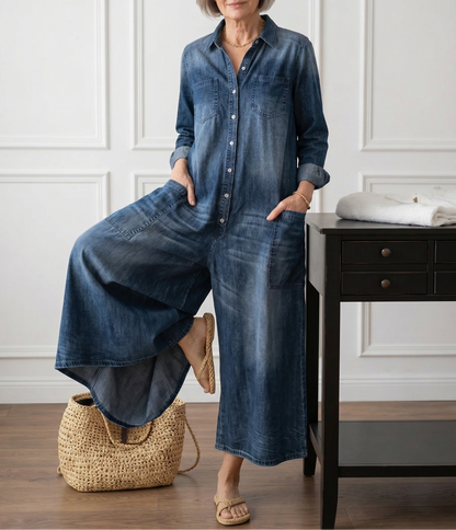 Rebecca | Salopette Vintage in Denim Lavato con Bottoni