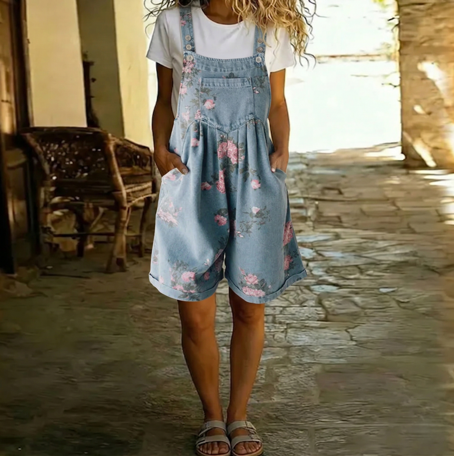Raffaella | Salopette Vintage in Denim con Fiori