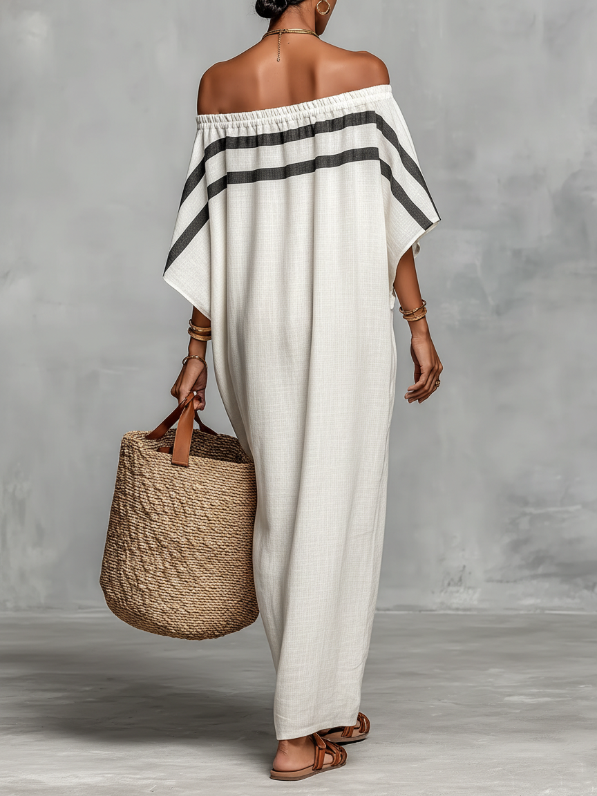 Silvia | Abito Maxi Minimalista con Scollo Bardot e Maniche a Pipistrello