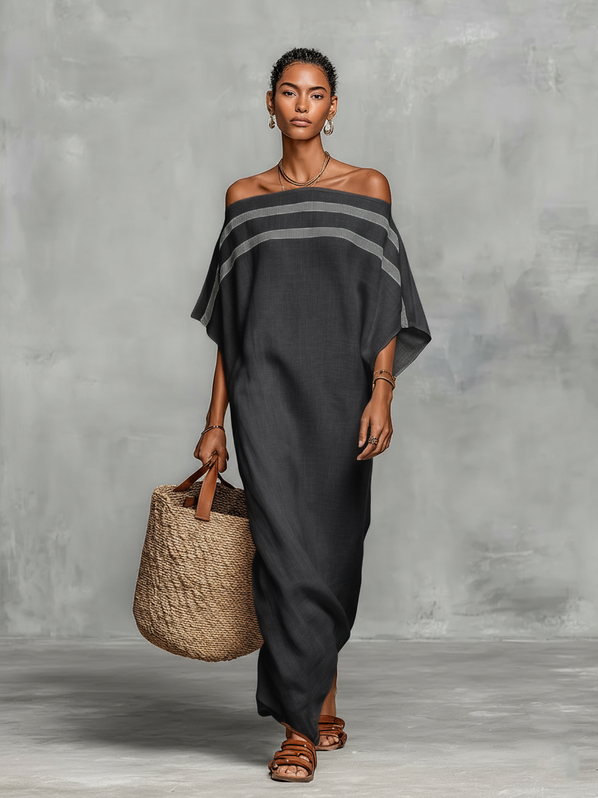 Silvia | Abito Maxi Minimalista con Scollo Bardot e Maniche a Pipistrello