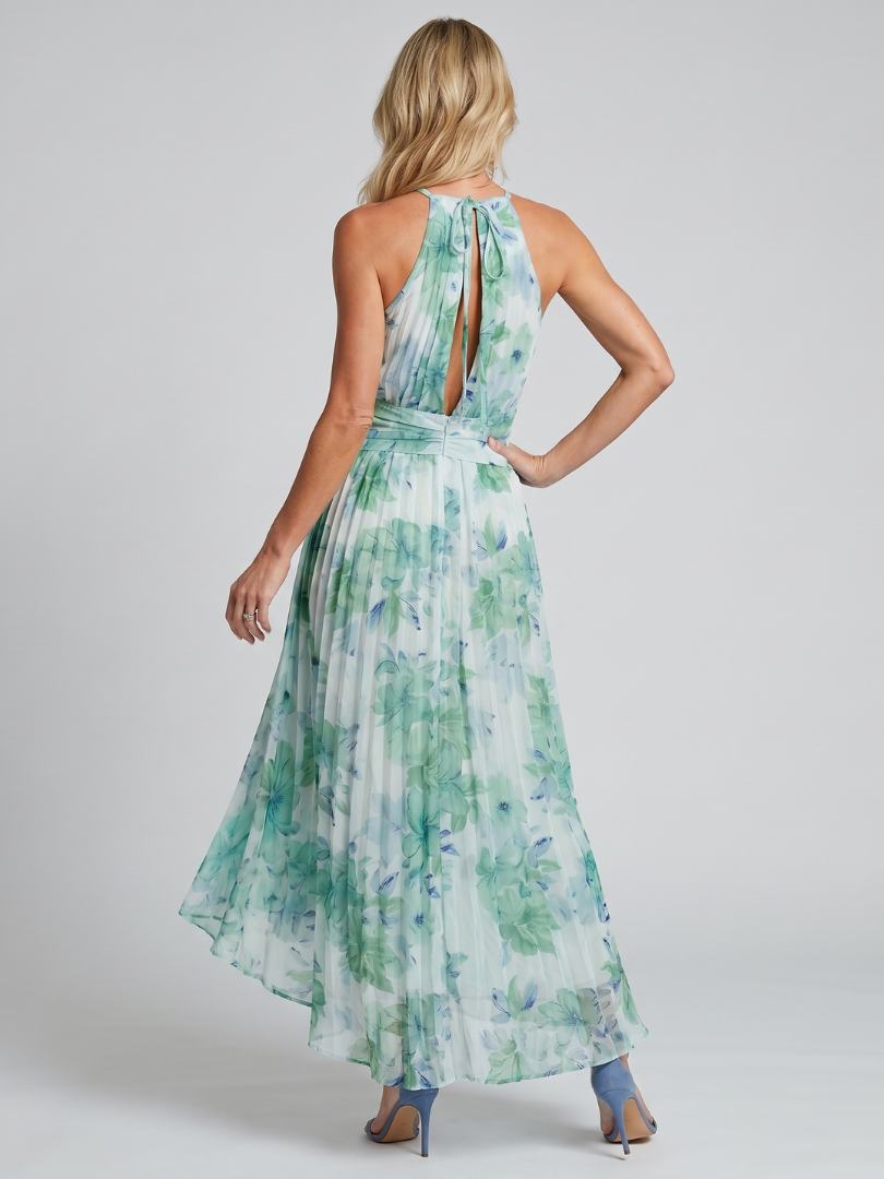 Daniela | Abito Midi in Crêpe Plissettato con Collo Halter e Stampa Floreale