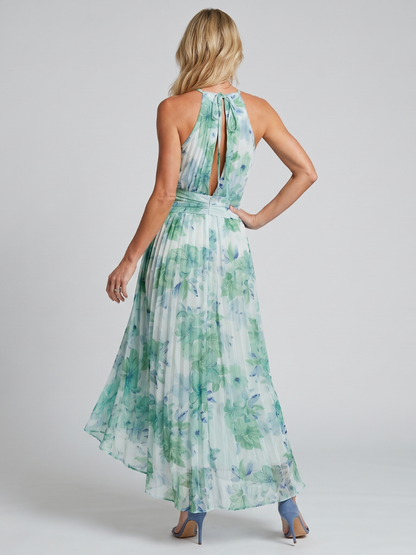 Daniela | Abito Midi in Crêpe Plissettato con Collo Halter e Stampa Floreale