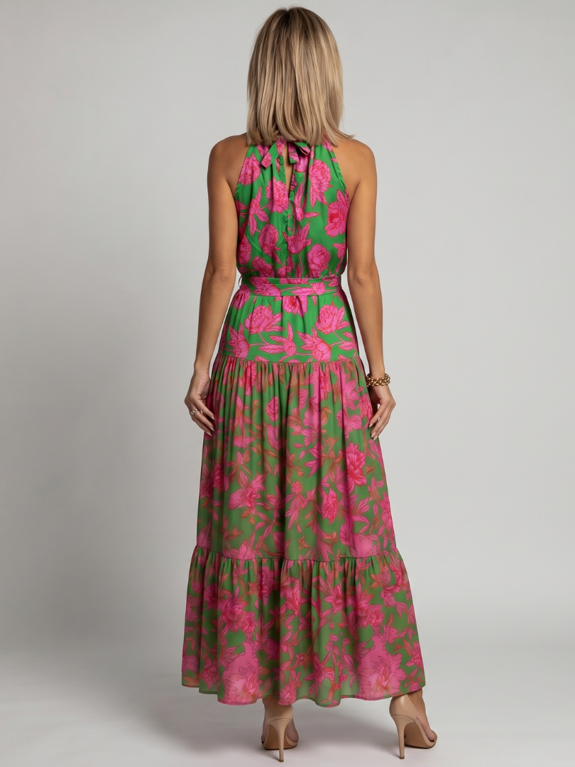 Caterina | Abito Midi Drappeggiato Rosa con Collo Halter