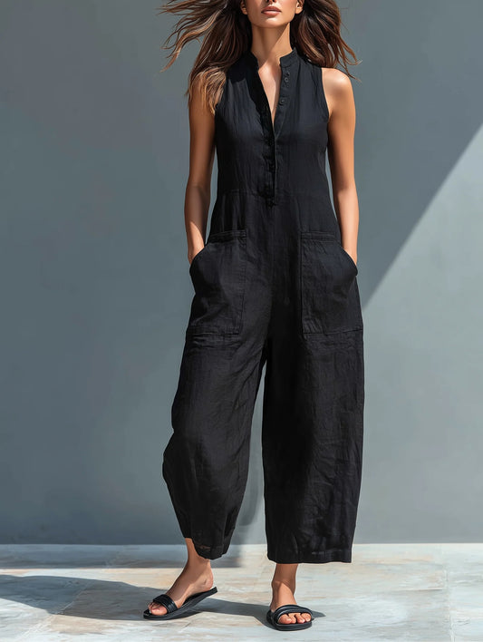 Roberta | Tuta Minimalista Senza Maniche con Collo Alto e Bottoni
