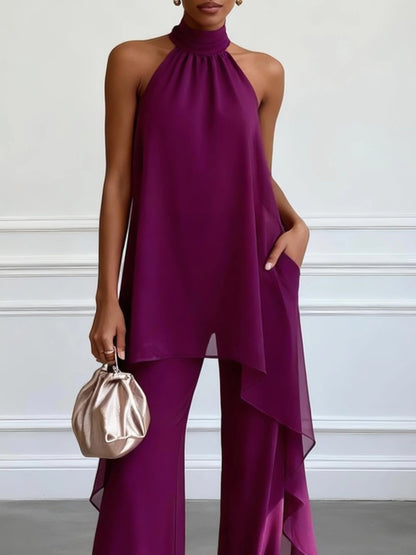 Bianca | Elegante Completo Due Pezzi Viola con Top Halter e Pantaloni