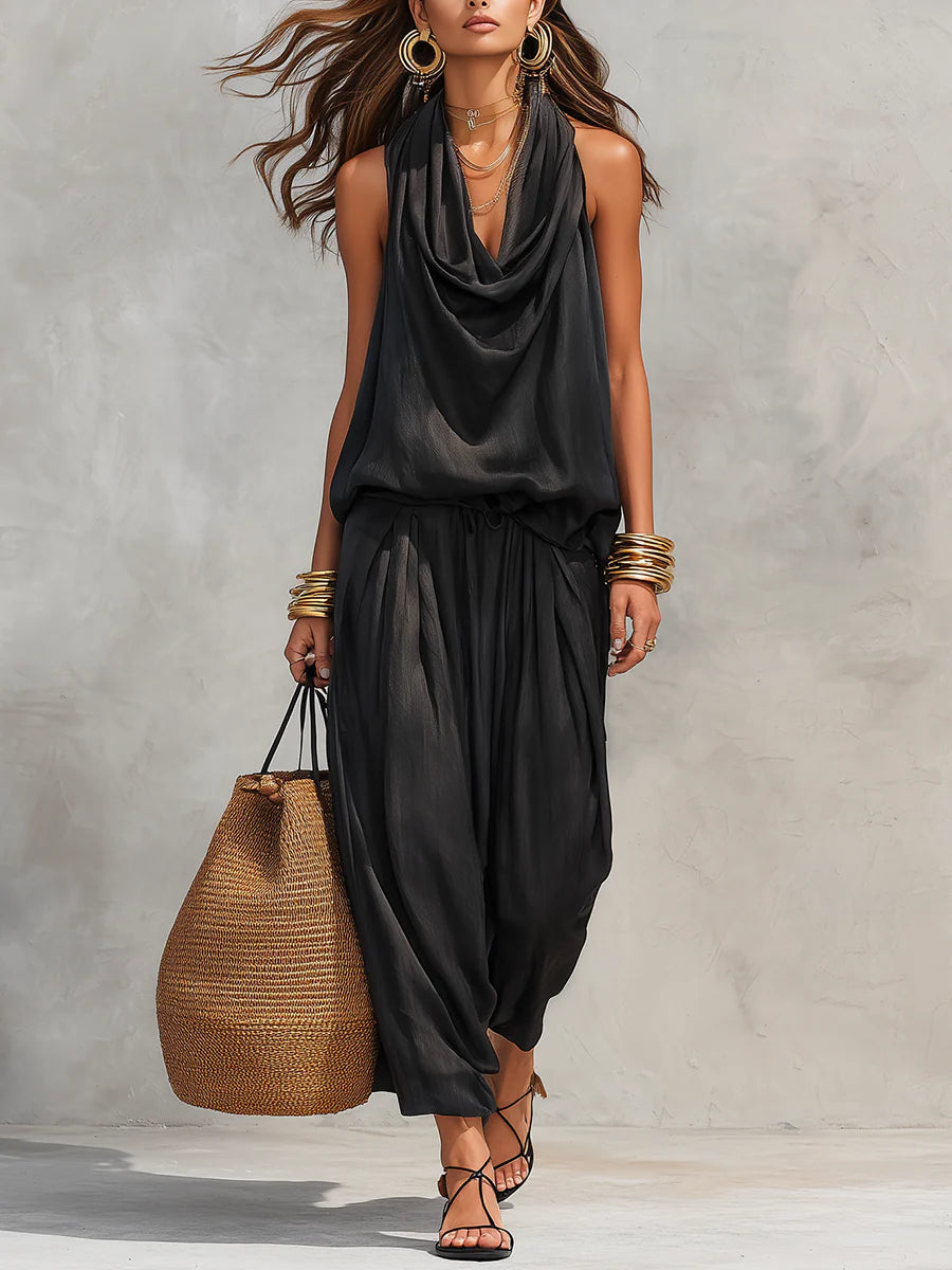 Angela | Completo con Top Halter e Pantaloni Larghi Plissettati