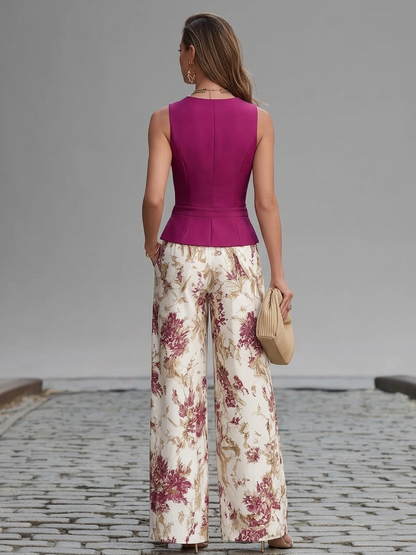 Gaia | Completo con Gilet Senza Maniche e Pantaloni Floreali a Gamba Larga