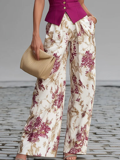 Raffaella | Completo con Gilet Rosa Cipria e Pantaloni Floreali a Gamba Larga