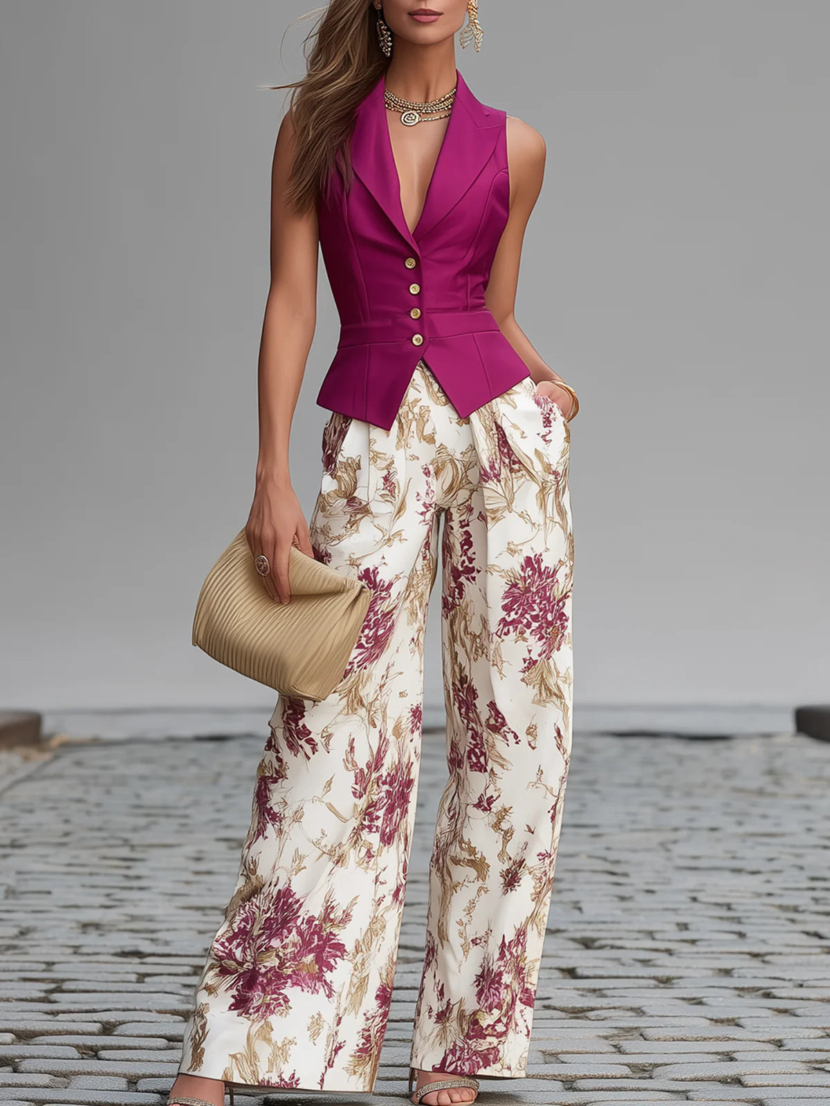 Gaia | Completo con Gilet Senza Maniche e Pantaloni Floreali a Gamba Larga