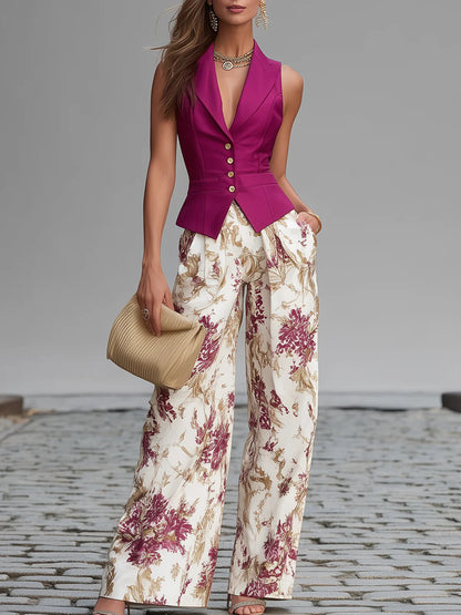 Gaia | Completo con Gilet Senza Maniche e Pantaloni Floreali a Gamba Larga