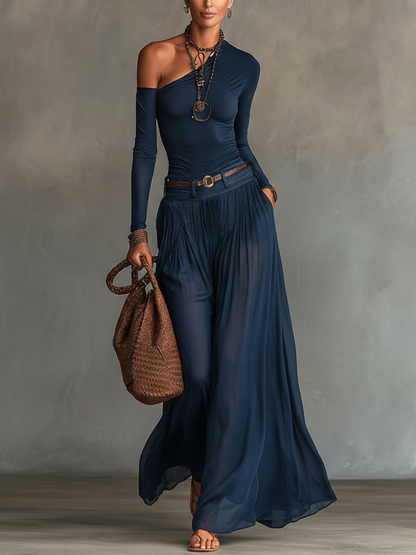 Vittoria | Completo con Body Monospalla e Gonna Maxi in Chiffon Trasparente