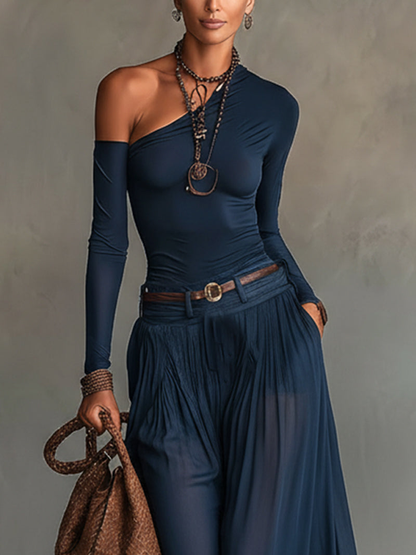 Vittoria | Completo con Body Monospalla e Gonna Maxi in Chiffon Trasparente