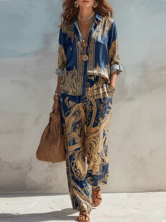 Antonella | Completo Due Pezzi con Stampa Barocca Blu Navy