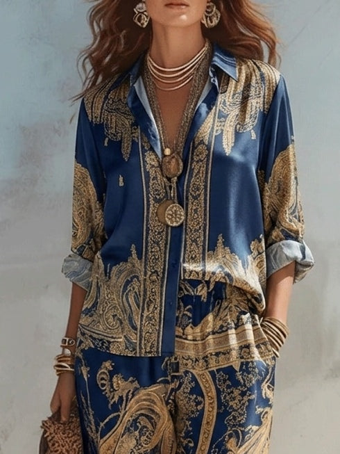 Antonella | Completo Due Pezzi con Stampa Barocca Blu Navy