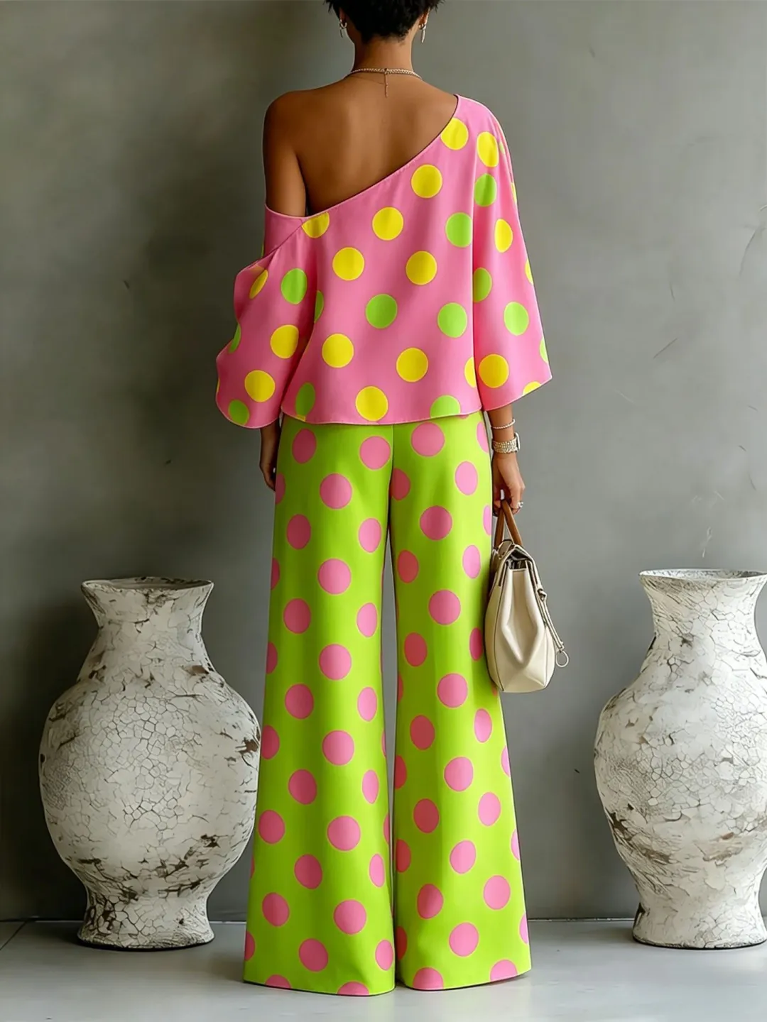 Donatella | Completo con Top a Spalle Scoperte e Pantaloni Larghi in Raso