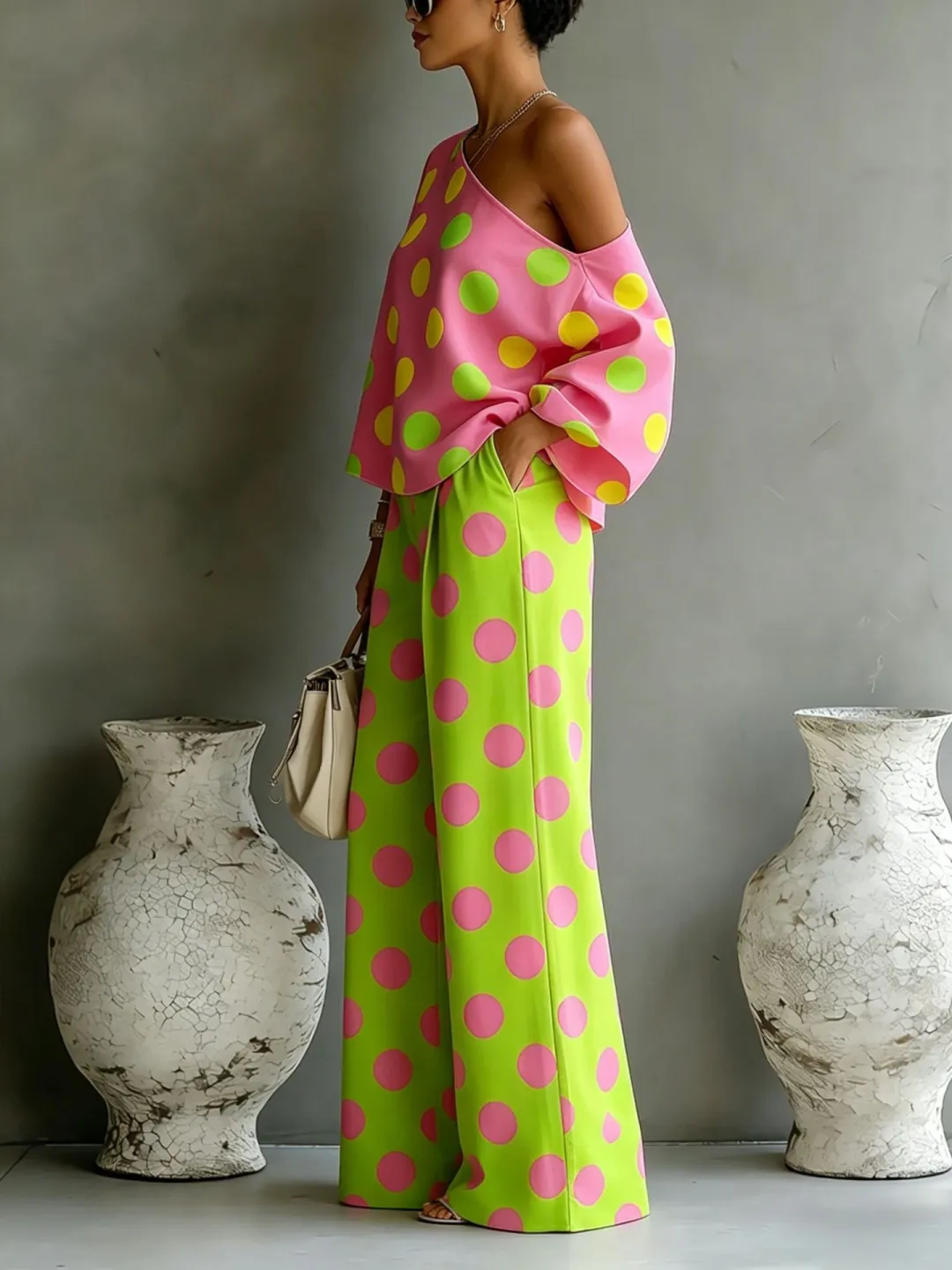 Donatella | Completo con Top a Spalle Scoperte e Pantaloni Larghi in Raso