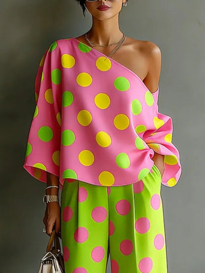 Donatella | Completo con Top a Spalle Scoperte e Pantaloni Larghi in Raso
