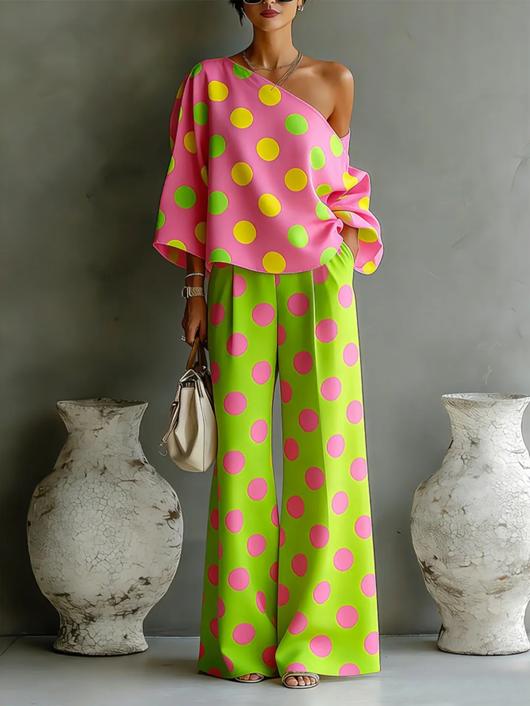 Donatella | Completo con Top a Spalle Scoperte e Pantaloni Larghi in Raso