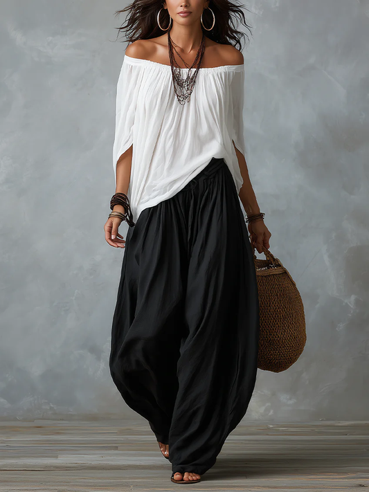 Nicole | Completo con Top a Spalle Scoperte e Pantaloni Lanterna