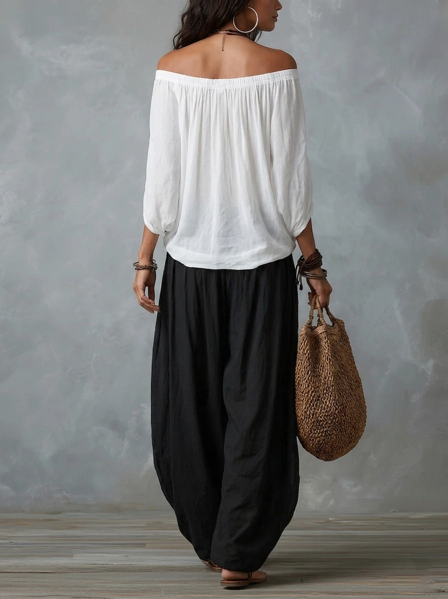 Nicole | Completo con Top a Spalle Scoperte e Pantaloni Lanterna