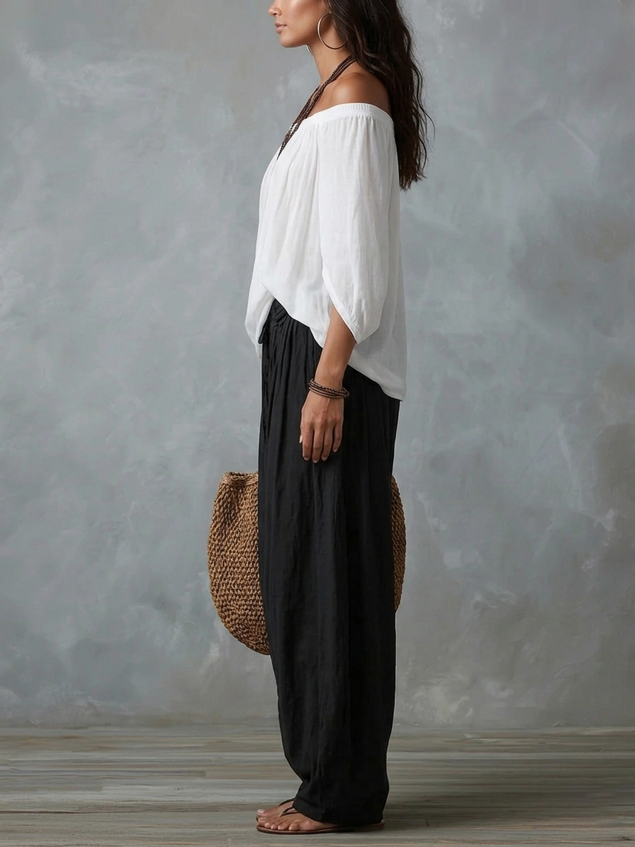 Nicole | Completo con Top a Spalle Scoperte e Pantaloni Lanterna