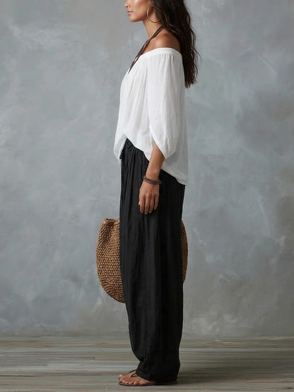 Nicole | Completo con Top a Spalle Scoperte e Pantaloni Lanterna