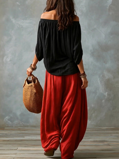 Luciana | Completo con Top Corto a Spalle Scoperte e Pantaloni Lanterna