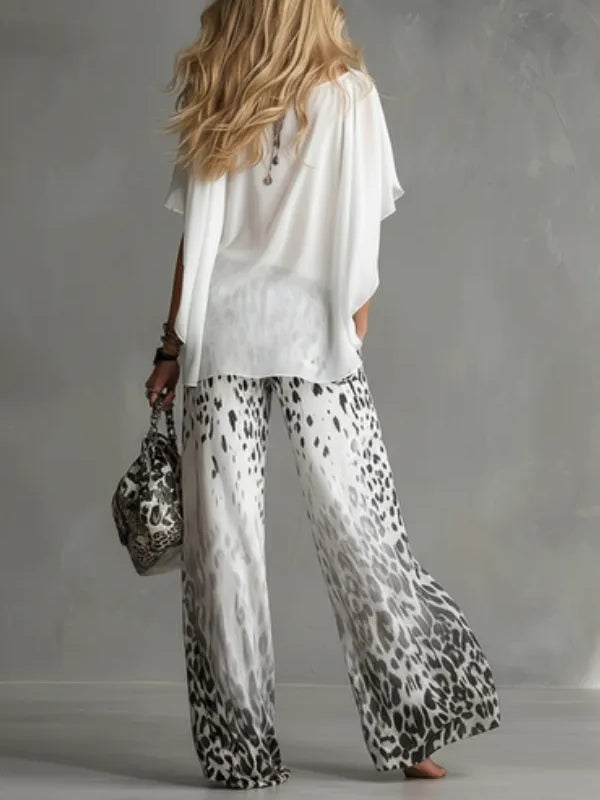 Ilaria | Completo con Top a Barca e Pantaloni in Chiffon Leopardati Sfumati