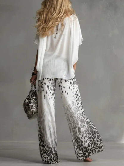 Ilaria | Completo con Top a Barca e Pantaloni in Chiffon Leopardati Sfumati