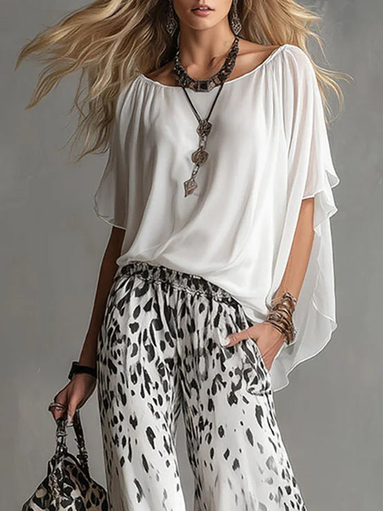 Ilaria | Completo con Top a Barca e Pantaloni in Chiffon Leopardati Sfumati