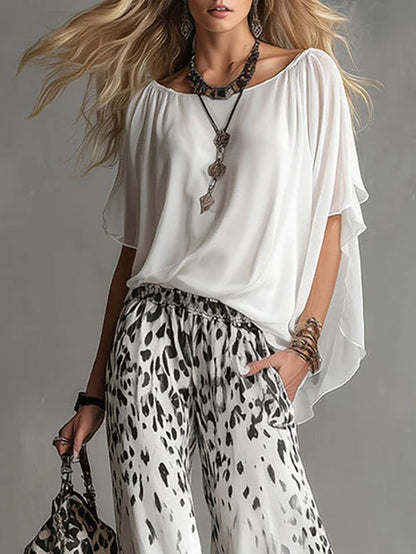 Ilaria | Completo con Top a Barca e Pantaloni in Chiffon Leopardati Sfumati