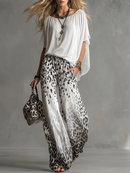 Ilaria | Completo con Top a Barca e Pantaloni in Chiffon Leopardati Sfumati