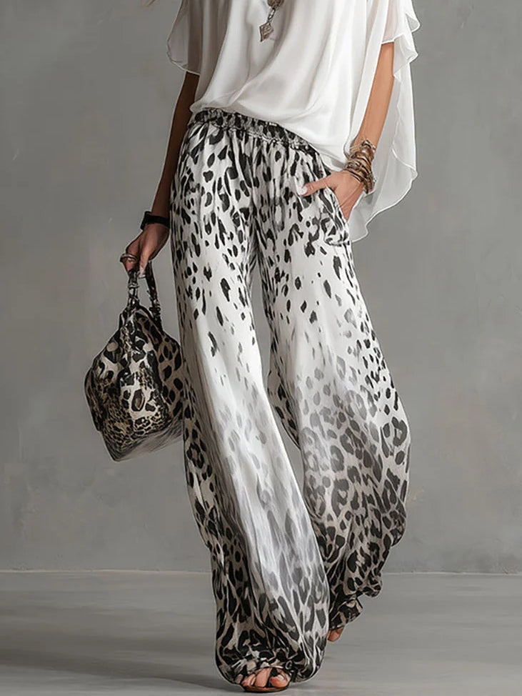 Ilaria | Completo con Top a Barca e Pantaloni in Chiffon Leopardati Sfumati