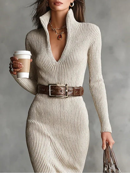 Veronica | Abito Midi in Maglia con Cintura e Collo Alto