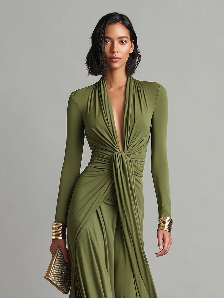 Michela | Abito Maxi Glamour con Scollo Profondo e Dettagli con Volant