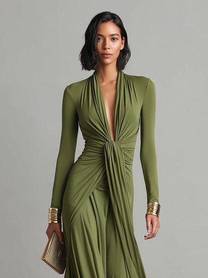 Michela | Abito Maxi Glamour con Scollo Profondo e Dettagli con Volant